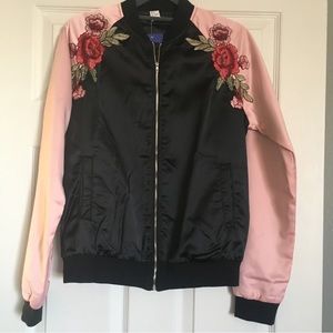NWT Black & Pink Silky Embroidered Floral Bomber Jacket, Size Small